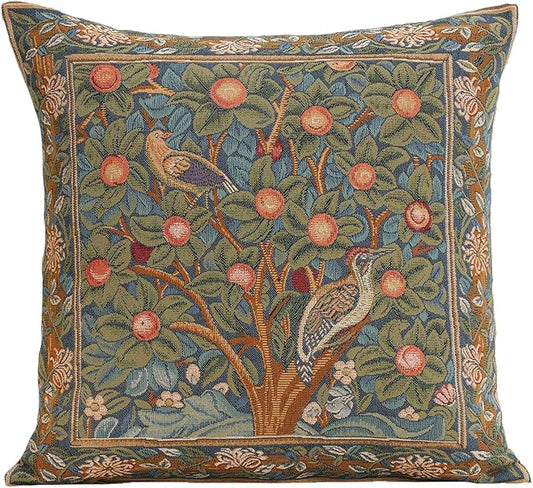Decorative tapestry pillow cover with green floral and bird square design, bordered edges
