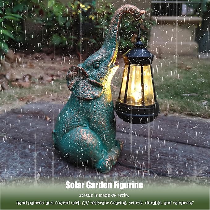Solar Elephant Garden Statue with Lantern - 10.8-Inch Good Luck Resin Decor