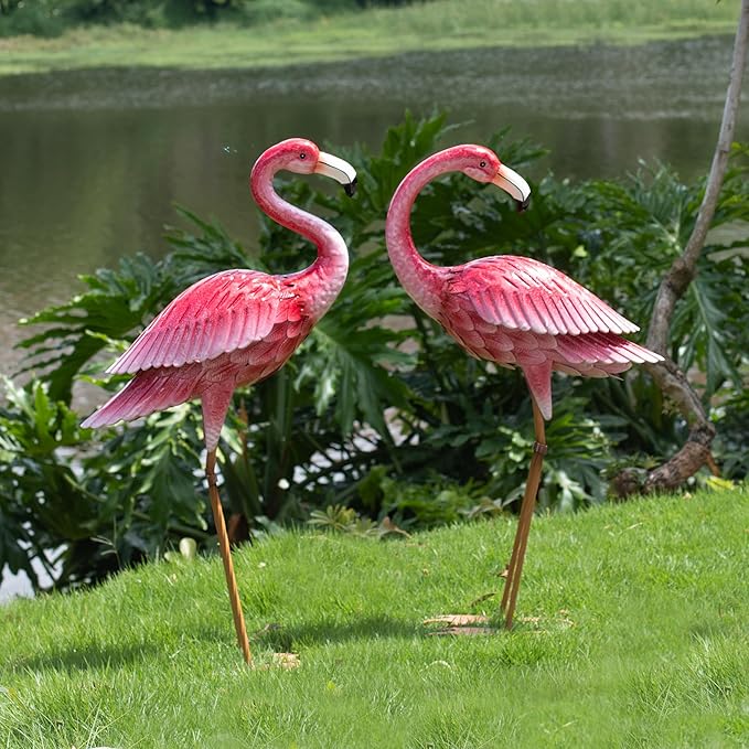 2-Pack Large Metal Flamingo Garden Statues - Textured Bird Yard Art and Event Decor