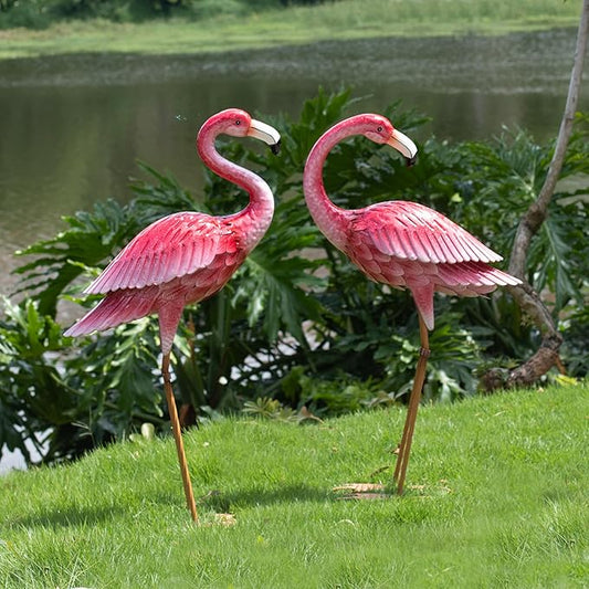 2-Pack Large Metal Flamingo Garden Statues - Textured Bird Yard Art and Event Decor