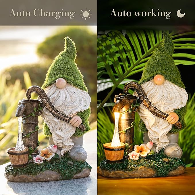 Solar garden gnome statue with green cap, white beard, and lantern light