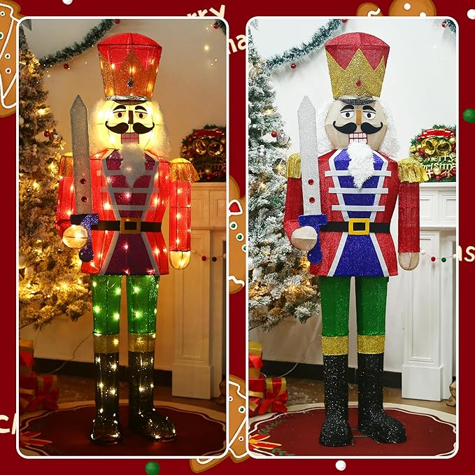 Lighted nutcracker outdoor stakes in two views, red tops, blue outfit, green pants, warm LEDs
