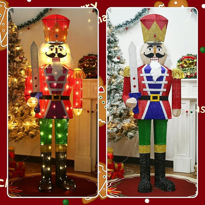 Lighted nutcracker outdoor stakes in two views, red tops, blue outfit, green pants, warm LEDs