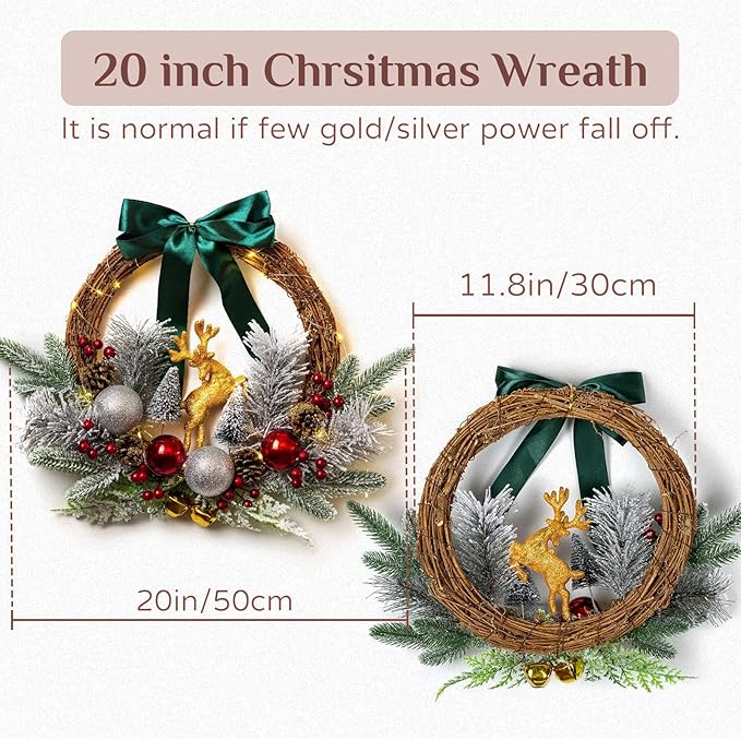 20-inch lighted Christmas wreath with teal bow, gold reindeer, and red and silver baubles