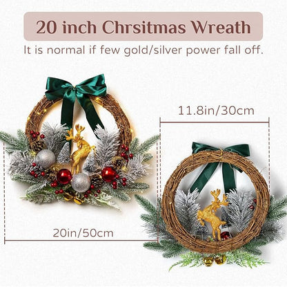 20-inch lighted Christmas wreath with teal bow, gold reindeer, and red and silver baubles