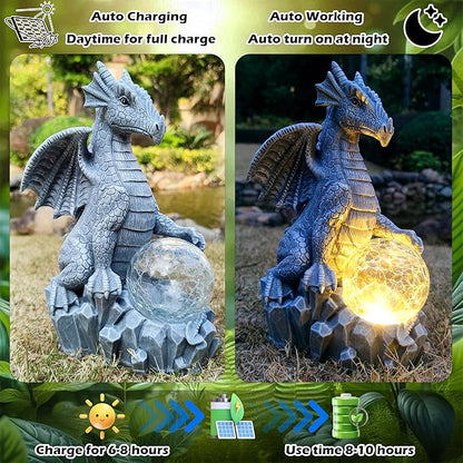 Blue dragon solar statue with glowing orb, daytime and nighttime use views