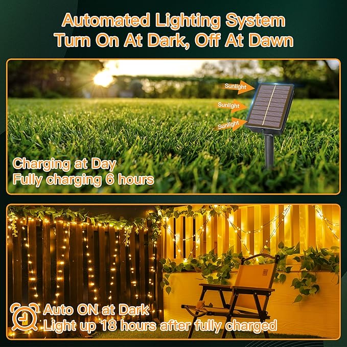 Solar String Lights 2 Pack – 600 LED 197ft Warm White | IP67 Waterproof | Auto Dusk-to-Dawn | 8 Modes Memory | Large Garden Patio Camping Wedding Outdoor