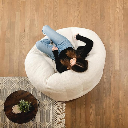 Ivory White Boucle Cloudberry Cocoon Bean Bag Chair - Giant Structured Round Lounge Chair for Nursery, Reading Corner, and Any Interior Ready for One Extraordinary Seat