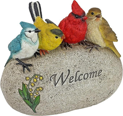 Birdy Welcome Garden Stone Statue with 4 Birds - Indoor and Outdoor Entryway Decor