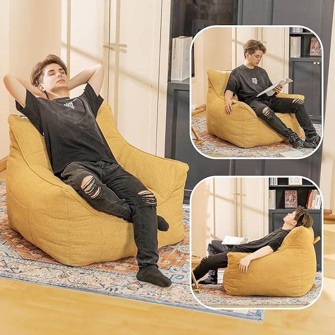 Mustard Chenille Cushioned Bean Bag Armchair - Structured Memory Foam Lounge Chair for Maximalist Interiors, Reading Nook, and Warm Eclectic Spaces