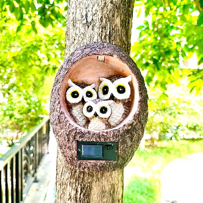 Solar Owl Family Garden Statue - Hanging Tree Hollow Resin Sculpture with Dual LED Amber Glow