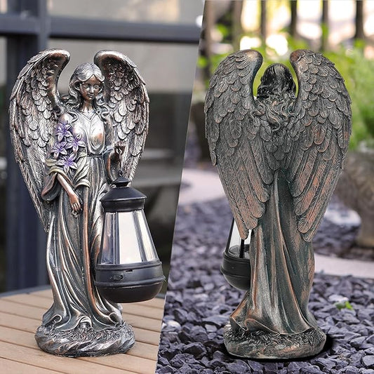 Bronze Solar Angel Garden Statue - 13.2-Inch Resin Outdoor Sculpture with Simulated Watering Effect and Night Light