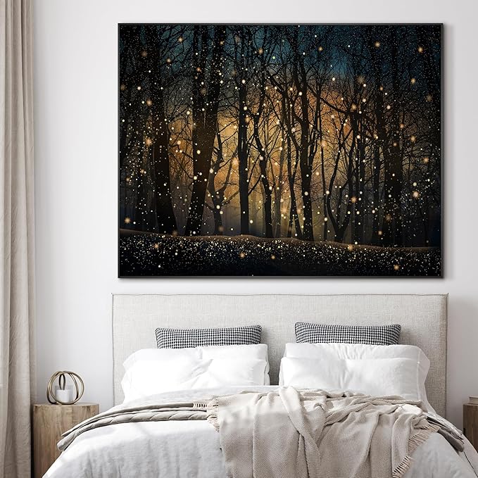 Magical Firefly Night Forest Framed Wall Art – 36"x46" Enchanted Woodland Scene | Wide Format Statement Decor for Living Room & Bedroom