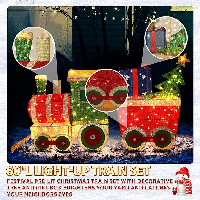 Outdoor light-up Christmas train set with green engine, red cars, and lit tree gift decor