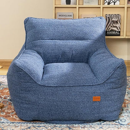 Denim Blue Chenille Memory Foam Bean Bag Armchair - Deep Recline Lounge Chair with Armrests for Reading Nook, Nursery, and Modern Home