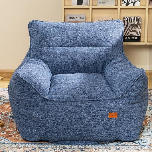 Denim Blue Chenille Memory Foam Bean Bag Armchair - Deep Recline Lounge Chair with Armrests for Reading Nook, Nursery, and Modern Home
