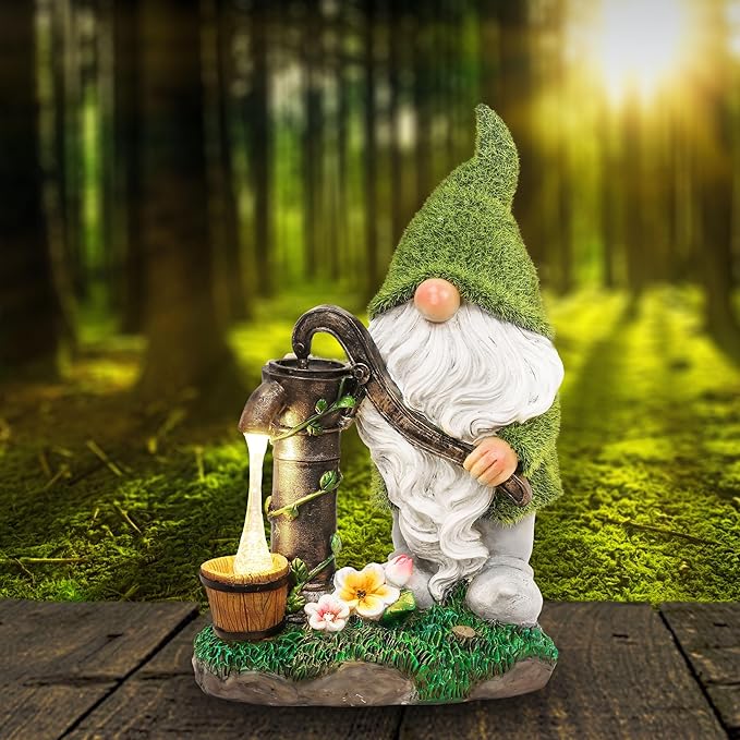 Solar-powered resin garden gnome decor with green cap, white beard, and lantern glow outdoors