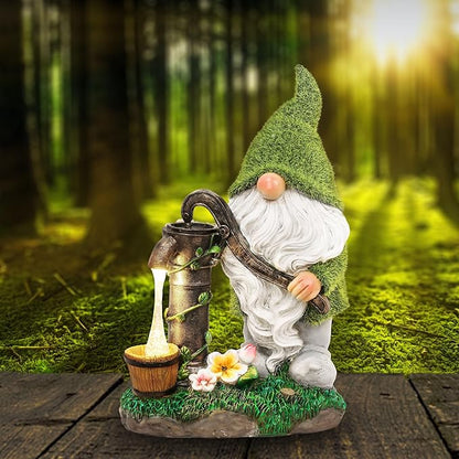 Solar-powered resin garden gnome decor with green cap, white beard, and lantern glow outdoors