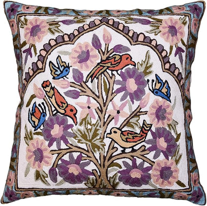 Lavender floral needlepoint pillow cover with tree-and-birds motif, 18x18