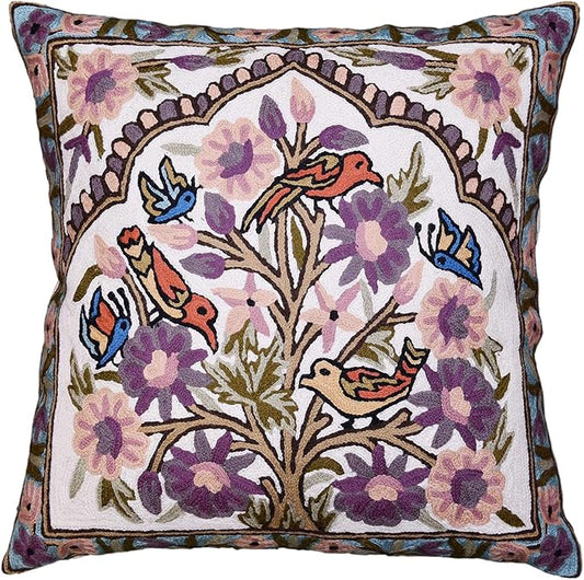 Lavender floral needlepoint pillow cover with tree-and-birds motif, 18x18