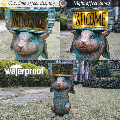 Solar Rabbit Garden Statue Holding Welcome Sign - 11.5-Inch Resin Porch and Garden Decor