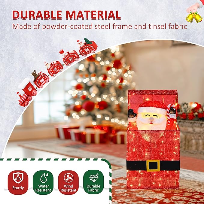 Red glitter lit Santa Claus gift box decoration with glowing LED dots