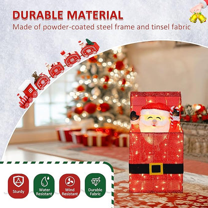 Red glitter lit Santa Claus gift box decoration with glowing LED dots