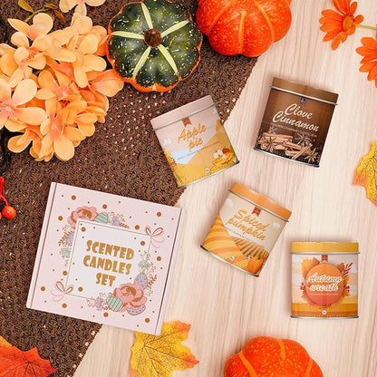 Autumn scented candle set with multiple soy candle jars and gift packaging