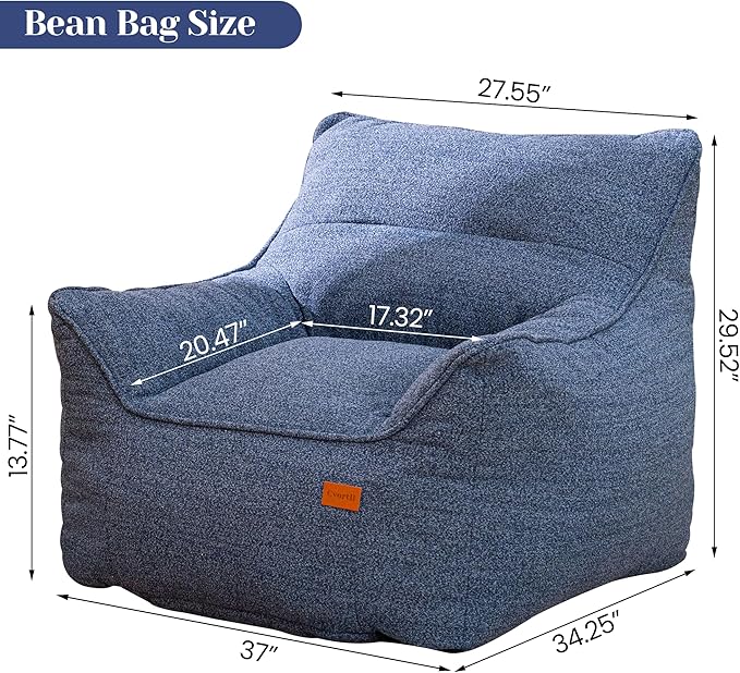 Denim Blue Chenille Memory Foam Bean Bag Armchair - Deep Recline Lounge Chair with Armrests for Reading Nook, Nursery, and Modern Home