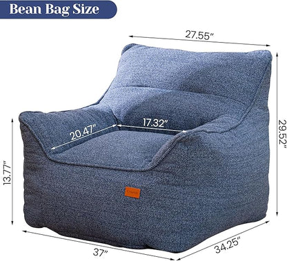 Denim Blue Chenille Memory Foam Bean Bag Armchair - Deep Recline Lounge Chair with Armrests for Reading Nook, Nursery, and Modern Home