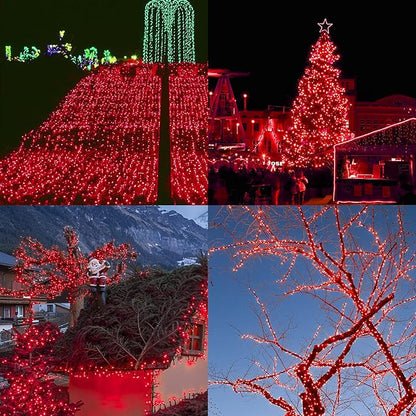 Red mini Christmas string lights draped on trees and buildings outdoors