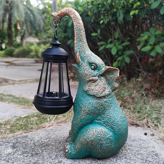 Solar Elephant Garden Statue with Lantern - 10.8-Inch Good Luck Resin Decor