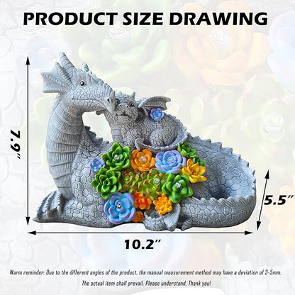 Solar LED dragon garden statue with two dragons and succulent bouquet, size diagram view