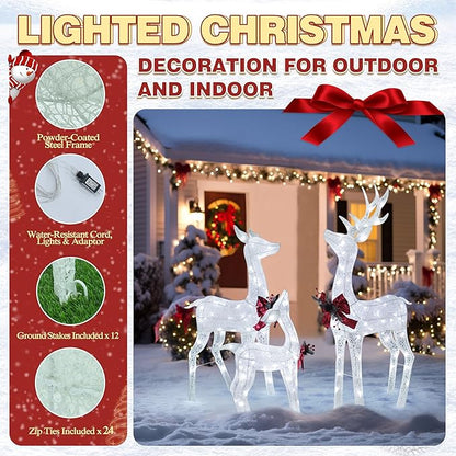 Boxed pre-lit reindeer family decor set with three glitter deer, red bows, LED lights
