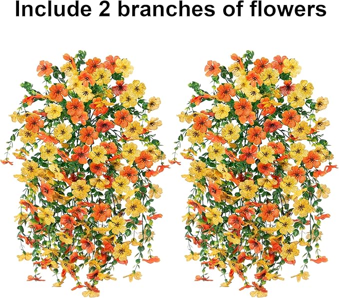 Two sets of artificial hanging flower bundles with orange, yellow blooms and green leaves