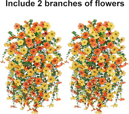 Two sets of artificial hanging flower bundles with orange, yellow blooms and green leaves