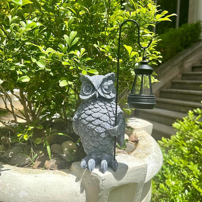 Solar Owl Lantern Garden Statue - 9.8-Inch Hand-Carved Stone Composite Indoor and Outdoor Decor
