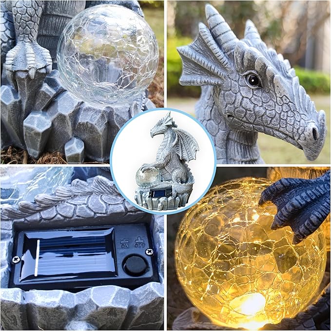 Blue dragon solar garden statue close-up: head, glowing orb, and solar panel base