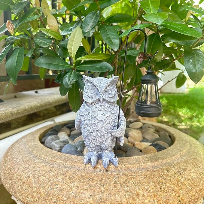 Solar Owl Lantern Garden Statue - 9.8-Inch Hand-Carved Stone Composite Indoor and Outdoor Decor