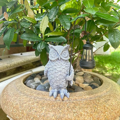 Solar Owl Lantern Garden Statue - 9.8-Inch Hand-Carved Stone Composite Indoor and Outdoor Decor