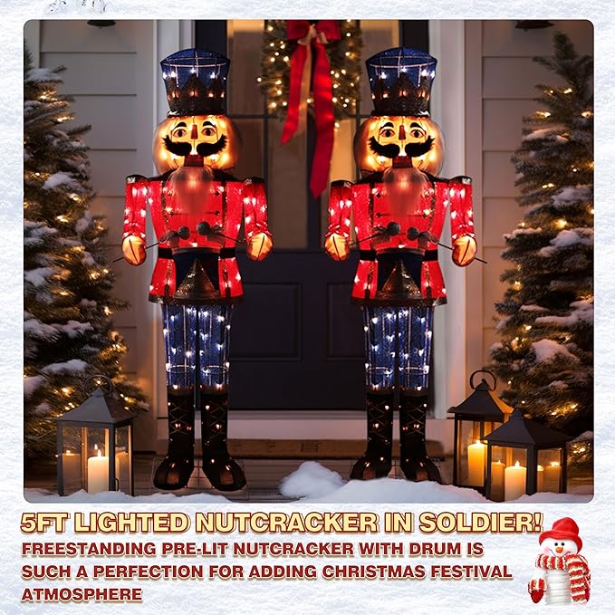 Two pre-lit nutcracker soldiers in red uniforms with warm white lights on the legs