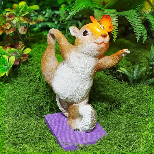 Solar Yoga Squirrel Garden Statue with Lighted Butterfly - IP44 Resin Outdoor Decor