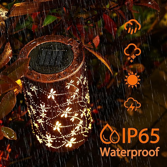 Brown waterproof solar lantern with white dragonfly and floral light pattern, glowing