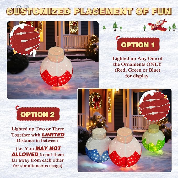 Lit pop-up Christmas ornaments set, three standing globe balls in red, green and blue