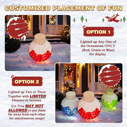 Lit pop-up Christmas ornaments set, three standing globe balls in red, green and blue