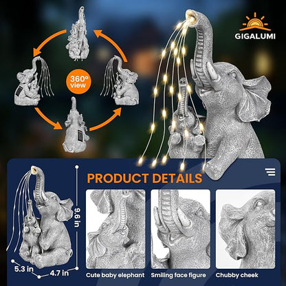 Solar Elephant Garden Statue with LED Light - IP65 Waterproof Resin Decor