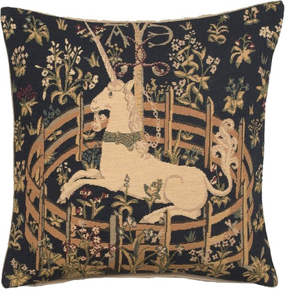 Navy jacquard square throw pillow cover with unicorn and floral vine pattern