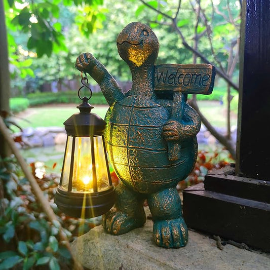 Solar Turtle Figurine with Lantern - Hand-Painted UV-Resistant Resin Garden and Patio Decor
