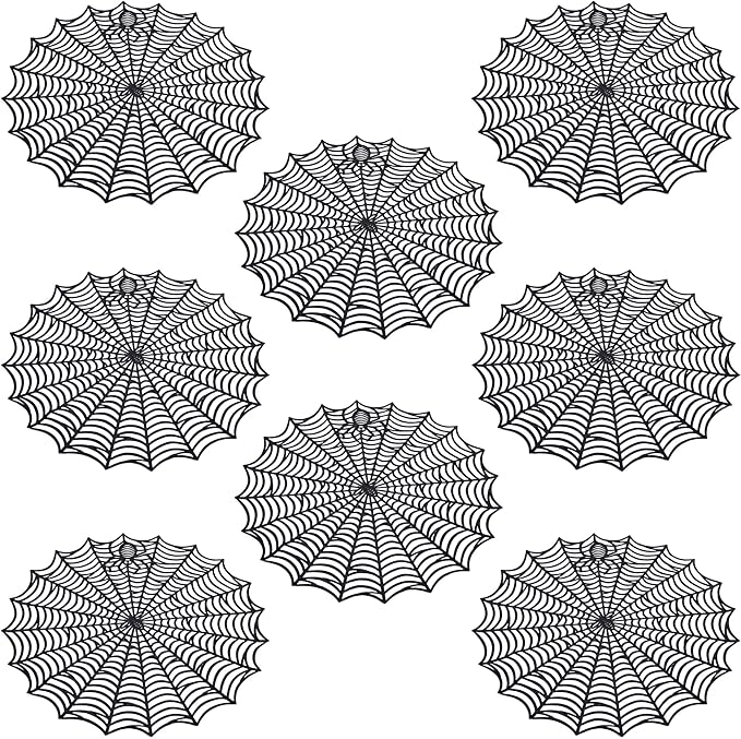 Set of round black spider web PVC table placemats with bold radial web pattern