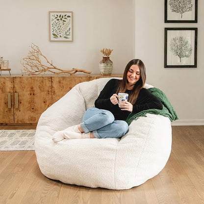 Ivory White Boucle Cloudberry Cocoon Bean Bag Chair - Giant Structured Round Lounge Chair for Nursery, Reading Corner, and Any Interior Ready for One Extraordinary Seat
